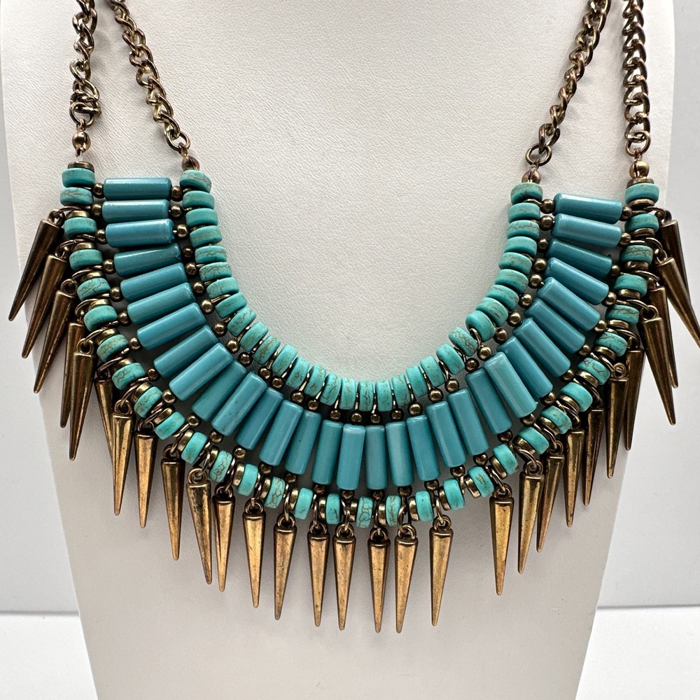 Vintage Y2K Turquoise Blue Beaded Bib Necklace Gold Spike Statement Jewelry 90s